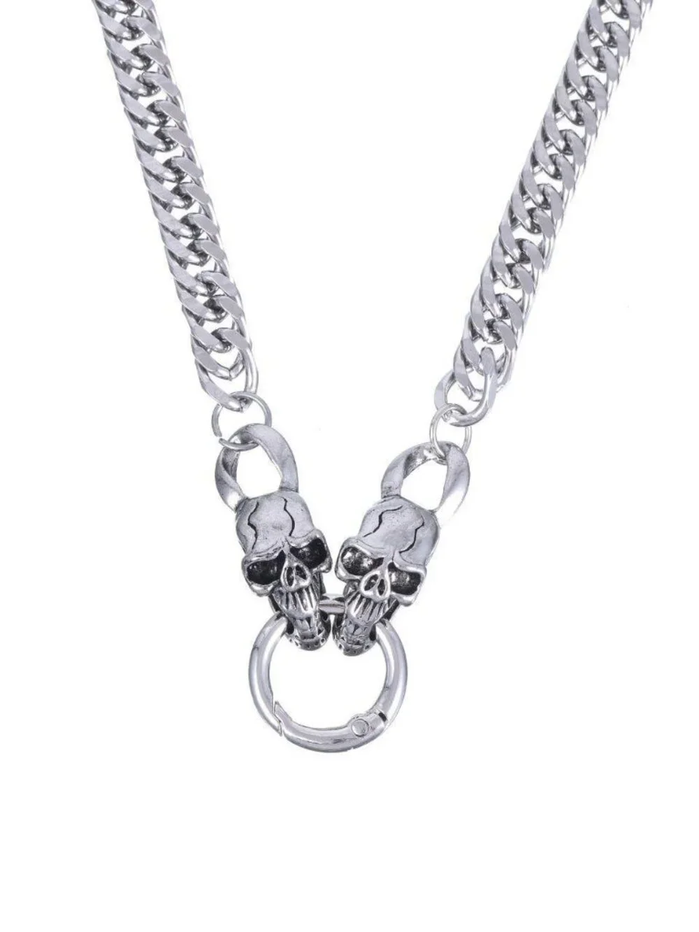 Mens double skull cuban chain necklace stainless steel
